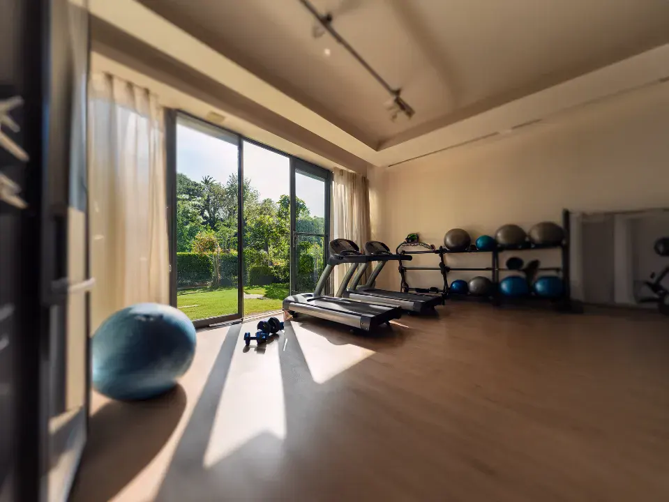 gym room with garden view