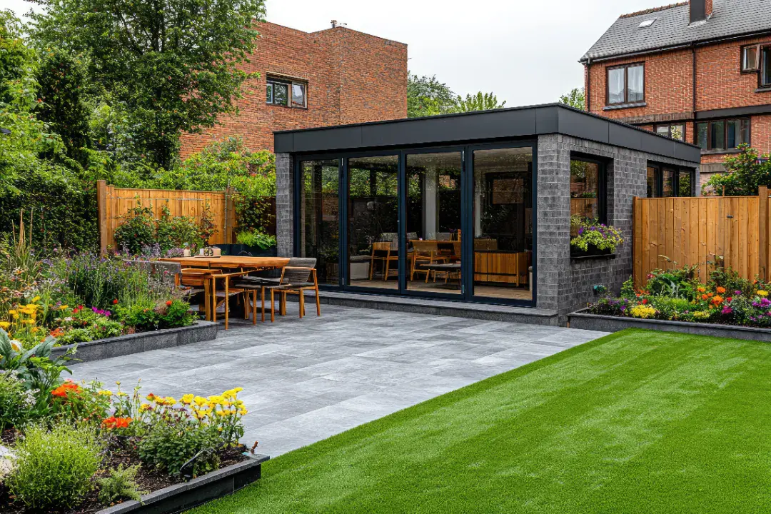 garden view in front of the conservatory