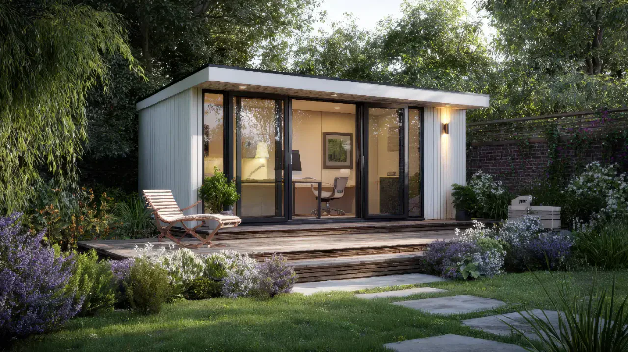 white coloured office with large panels and garden view