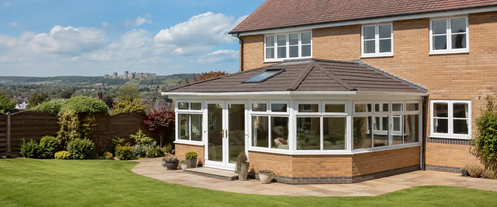 Conservatory roof replacement in Kent featuring a modern tiled conservatory roof on a detached family home with landscaped garden