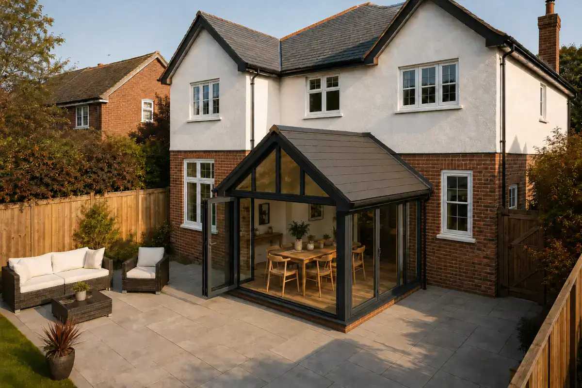 Conservatory roof replacement with a solid tiled roof on a dark-framed glazed extension.