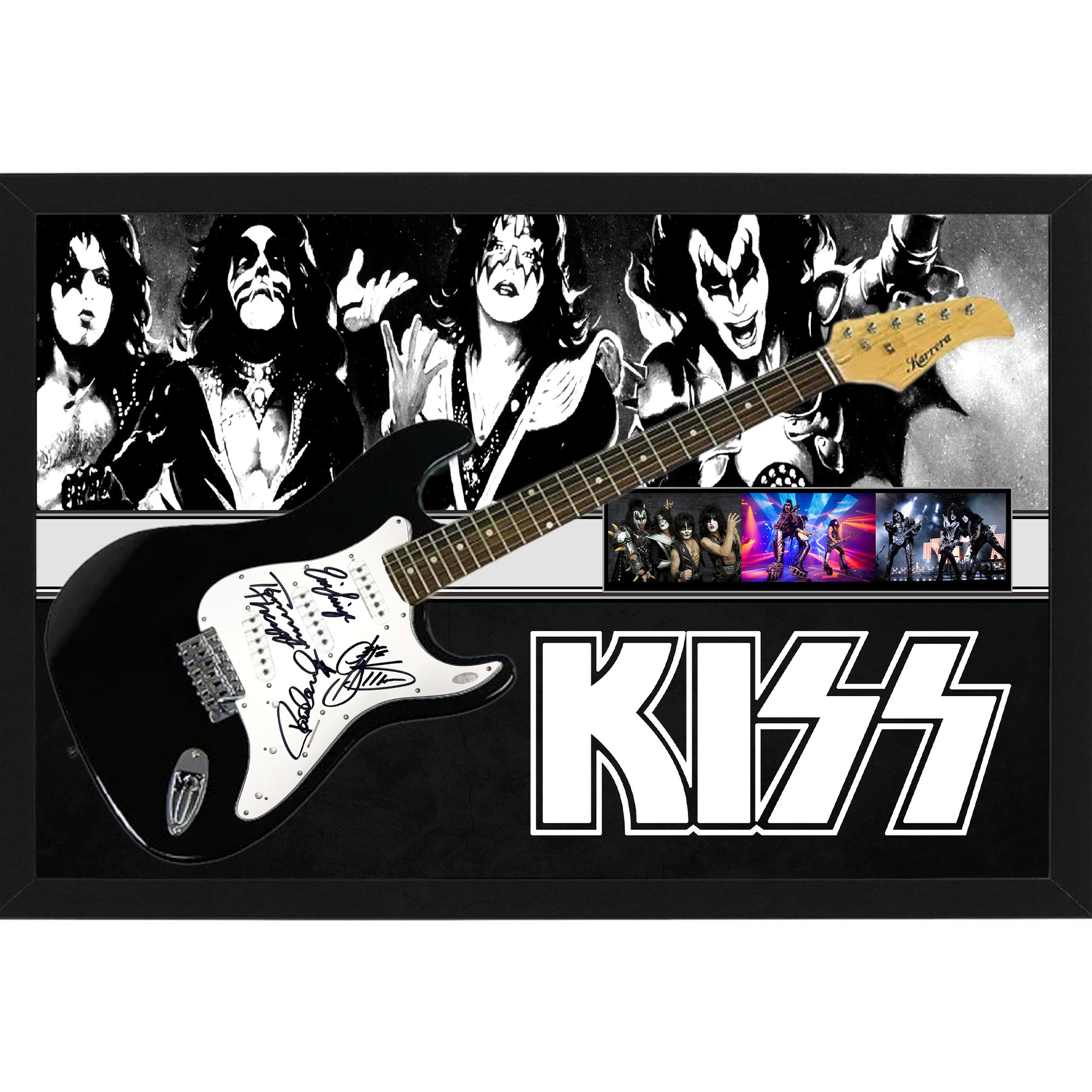 Music – KISS Hand Signed & Framed Full Size Guitar with Bac...