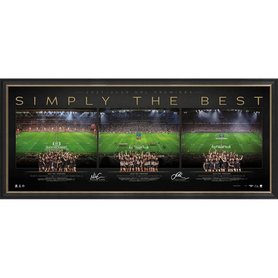 PENRITH PANTHERS – NATHAN AND IVAN CLEARY SIGNED THREEPEAT PANOR...