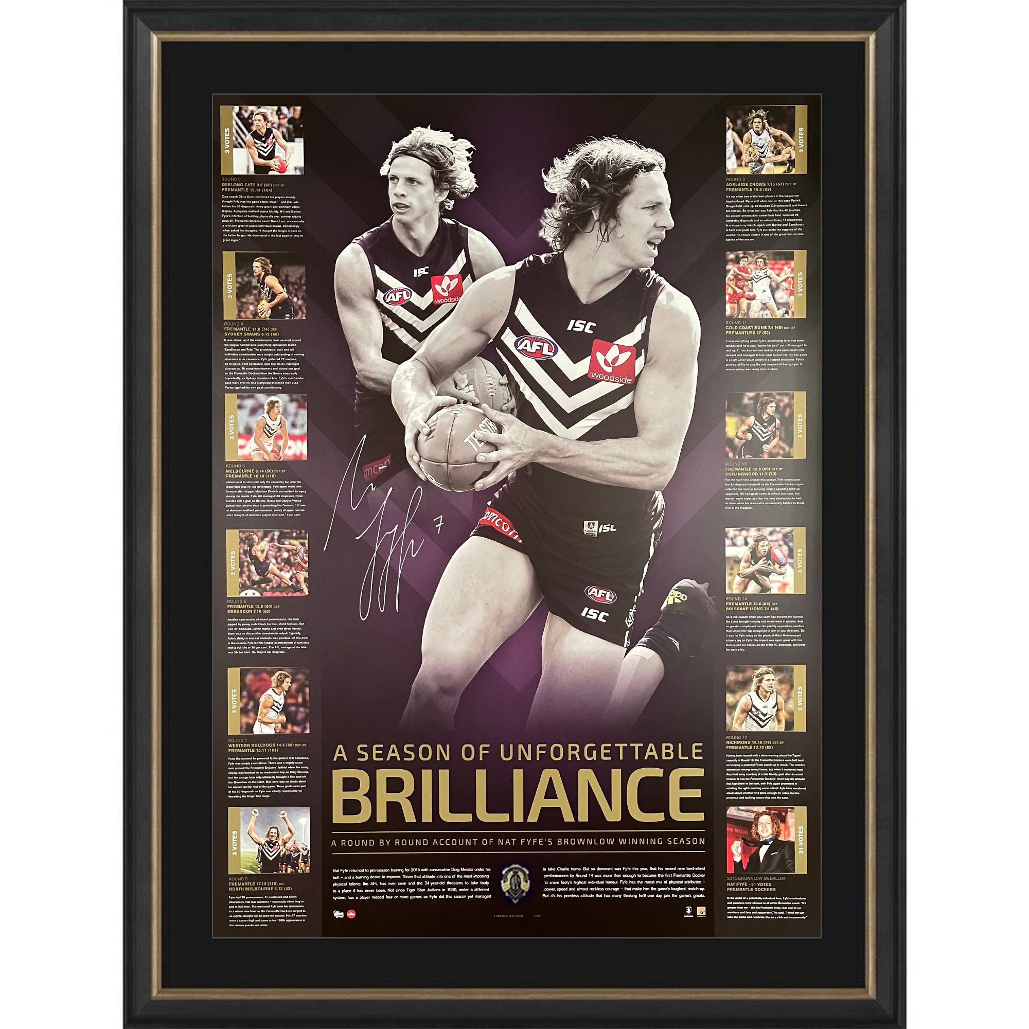 Fremantle Dockers – Nat Fyfe 2015 Brownlow Medal Signed and Fram...