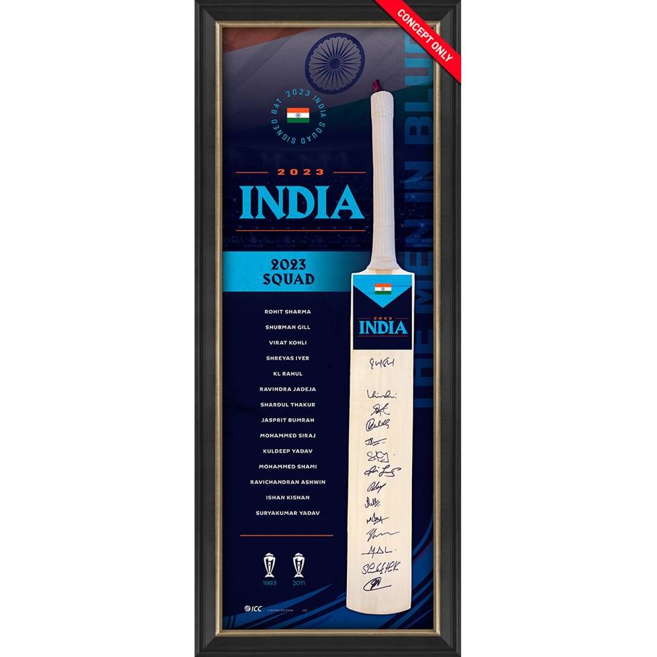 INDIA 2023 ICC CWC SQUAD SIGNED & FRAMED CRICKET BAT