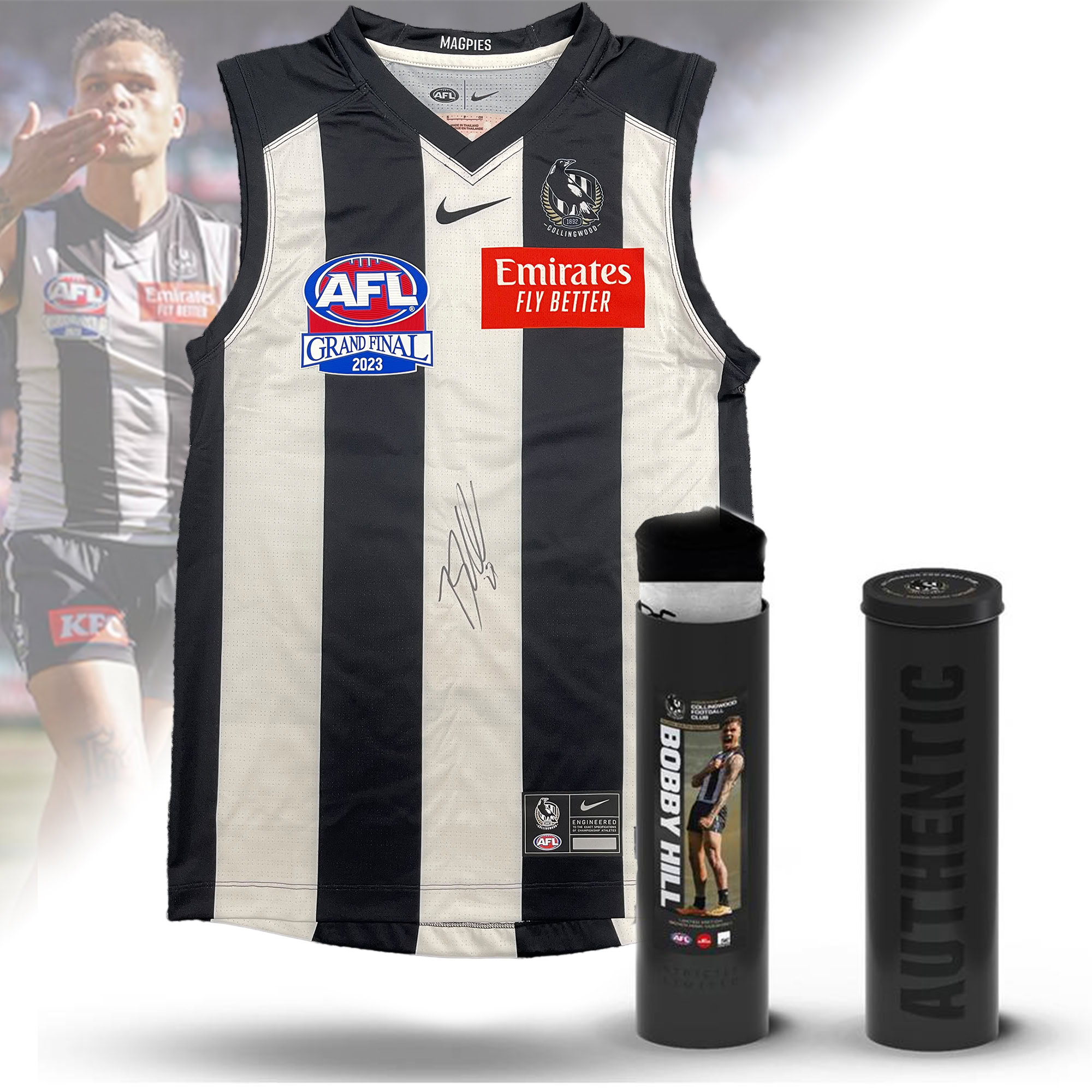 COLLINGWOOD MAGPIES BOBBY HILL SIGNED 2023 NIKE GRAND FINAL GUERNSEY