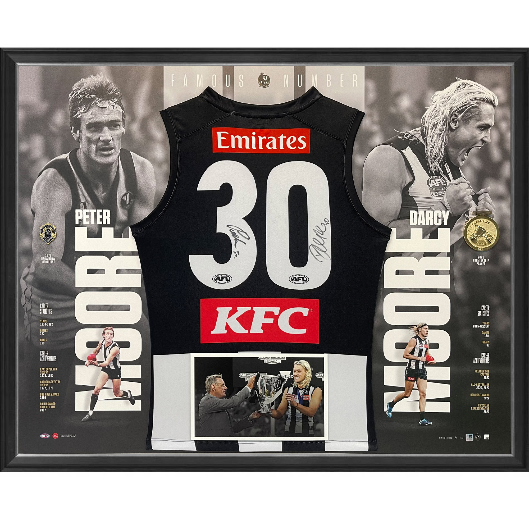 COLLINGWOOD MAGPIES DARCY AND PETER MOORE SIGNED GUERNSEY DISPLAY