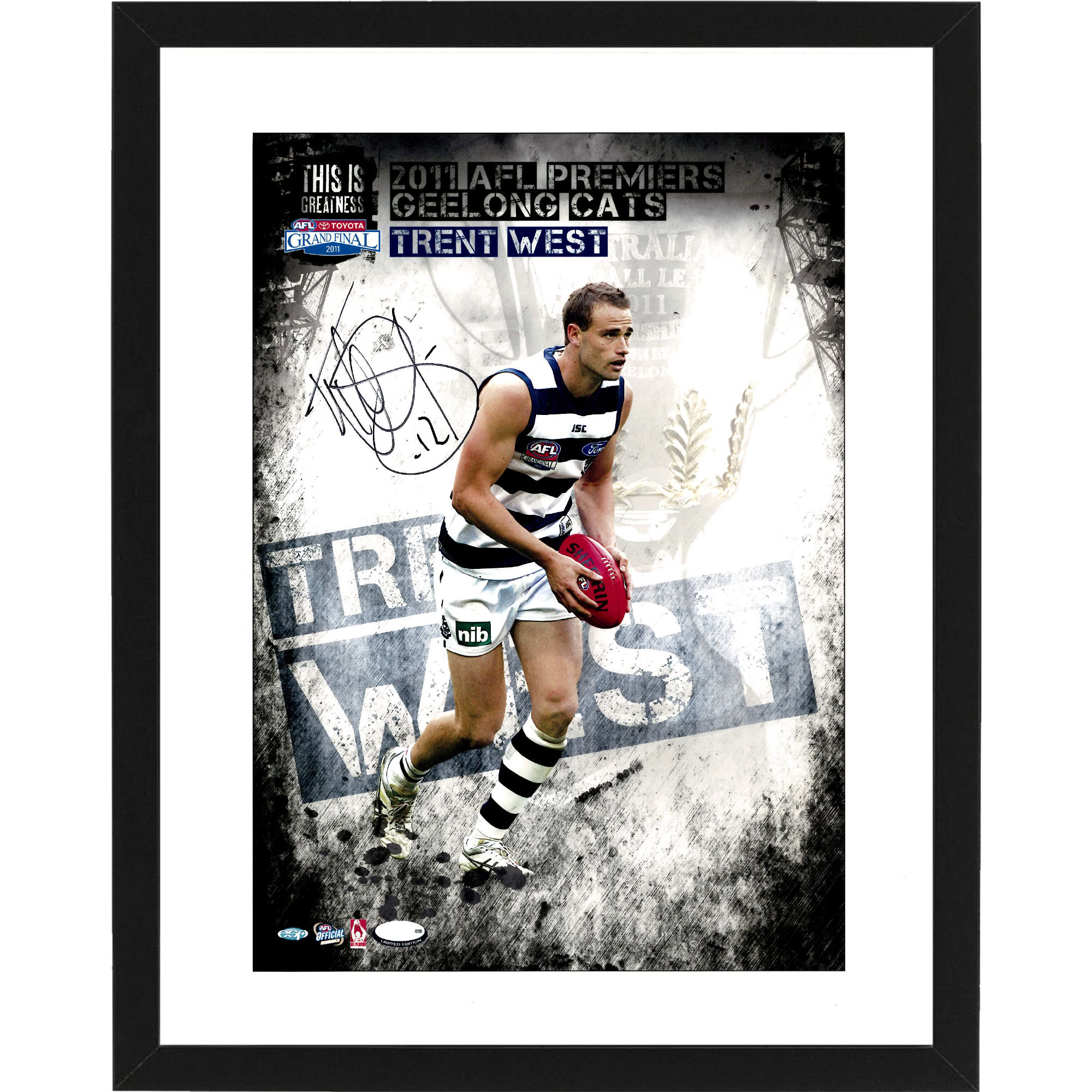 Geelong Cats – TRENT WEST Signed & Framed 2011 Premiers Her...