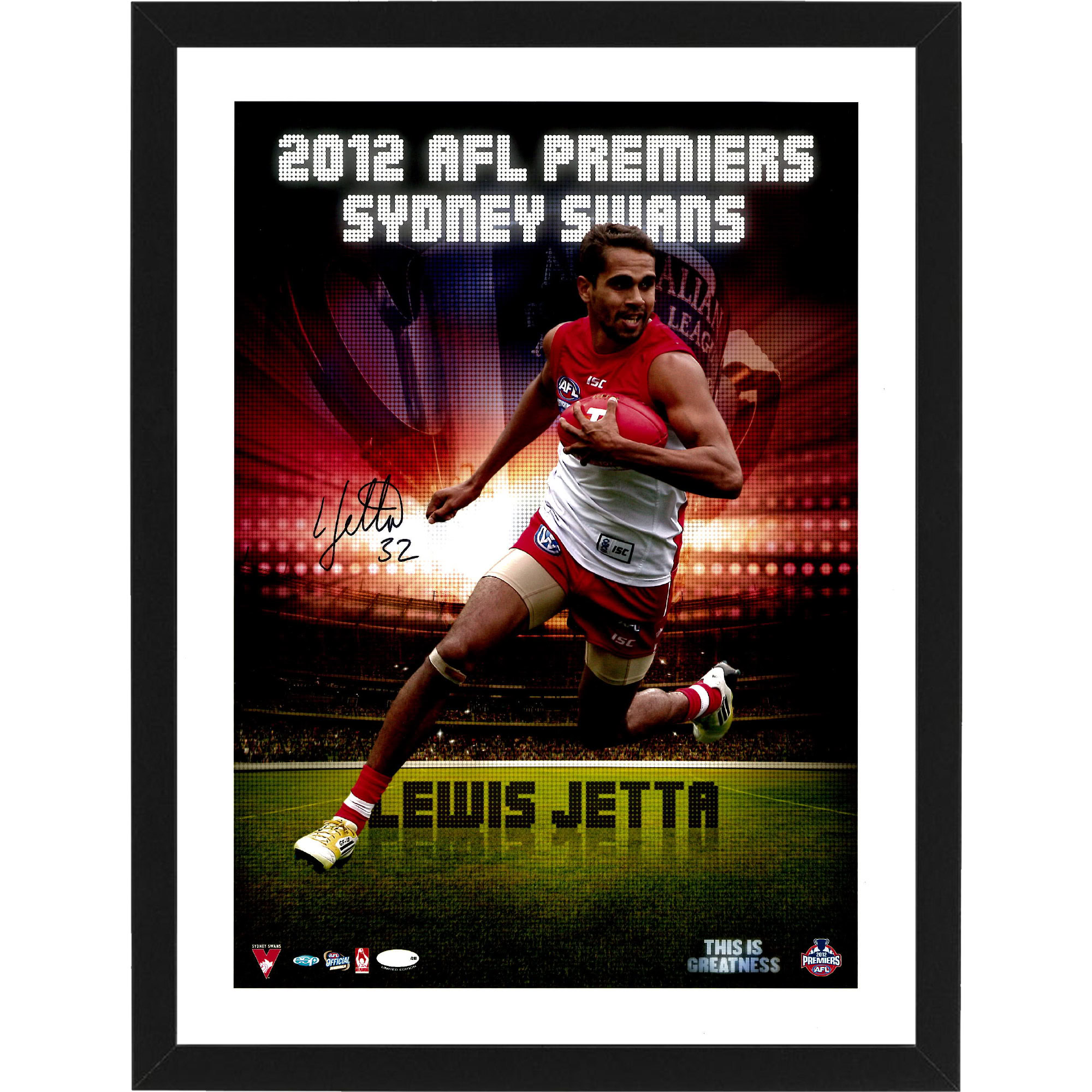 Sydney Swans – LEWIS JETTA Signed & Framed 2012 Premiers He...