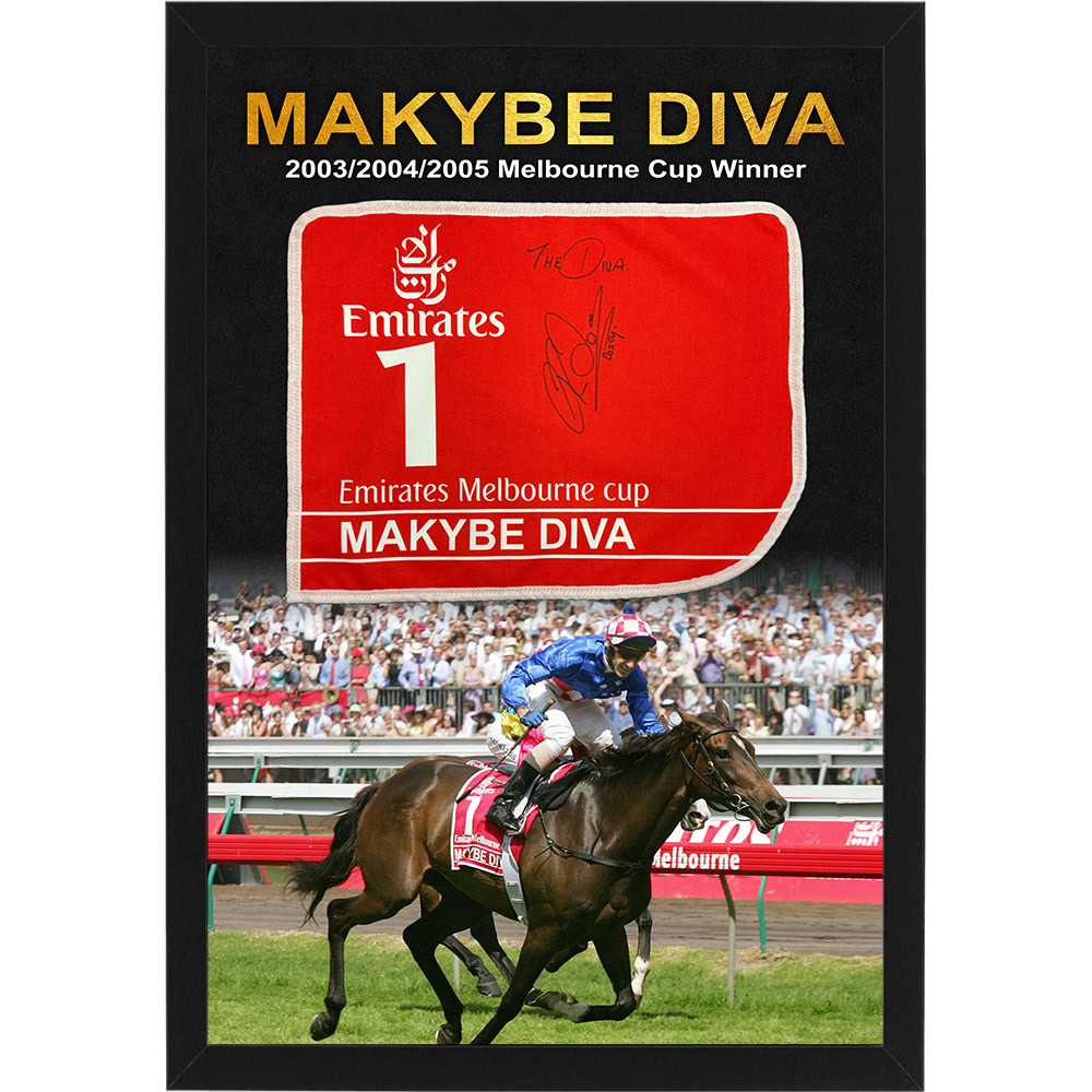 MAKYBE DIVA Glen Boss Signed & Framed Mini Melbourne Cup Saddlecl...