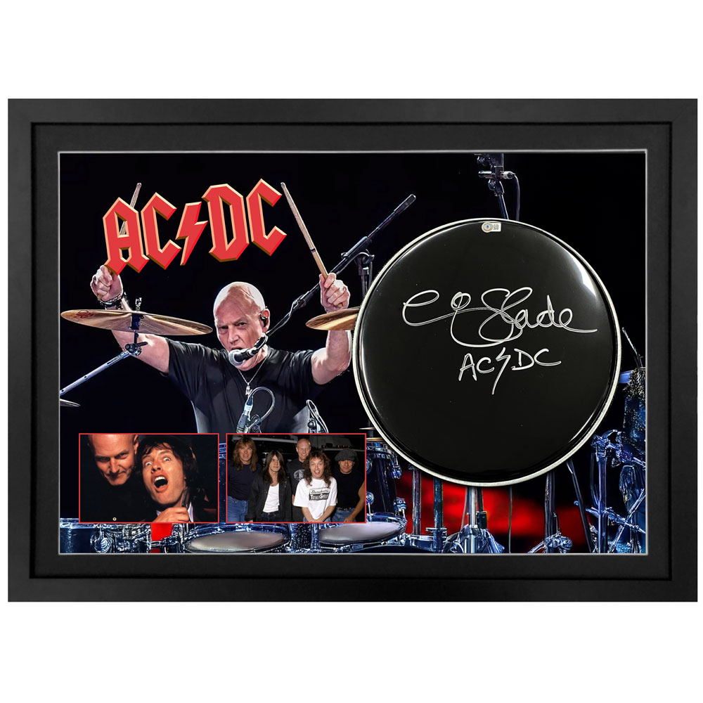 Chris Slade – ACDC – Signed & Framed Black Drum Skin/...