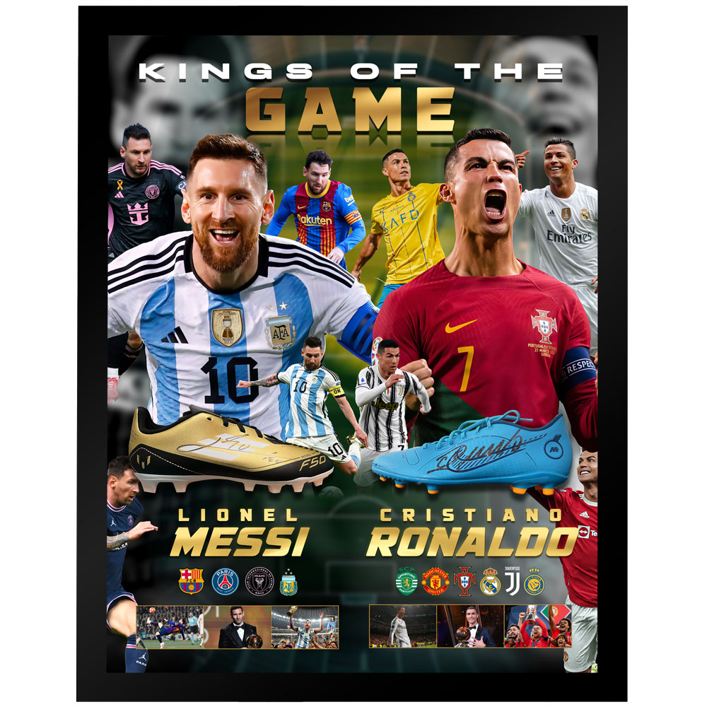 Cristiano Ronaldo & Lionel Messi Signed & Framed Soccer Boot...