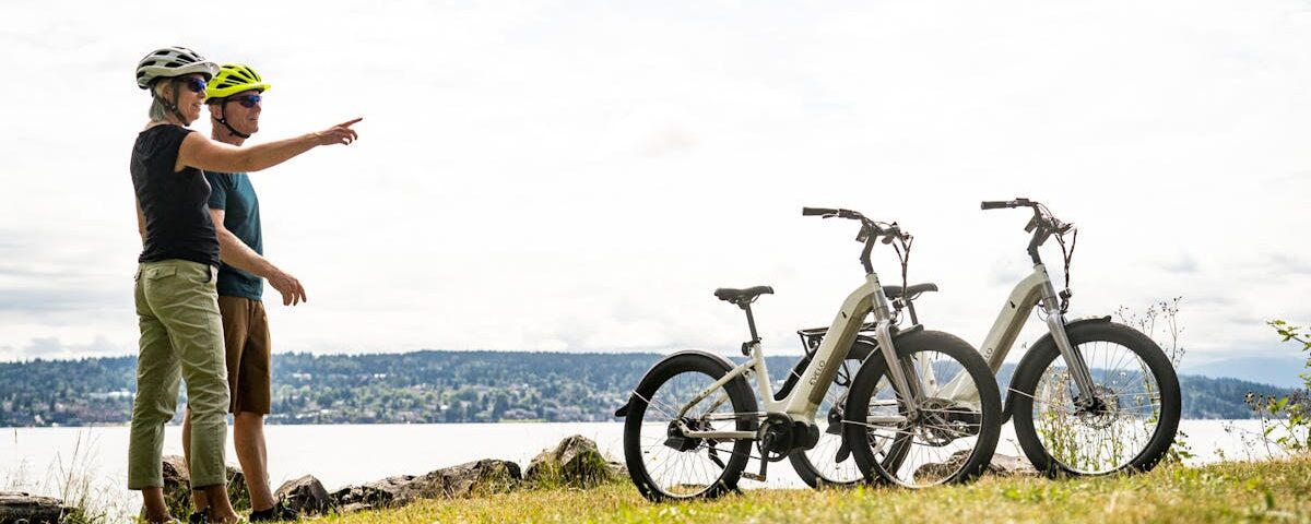 pexels-photo-15022758-15022758 Twee mensen met fietshelmen wijzen richting het uitzicht terwijl hun e-bikes geparkeerd staan in de natuur bij het water.