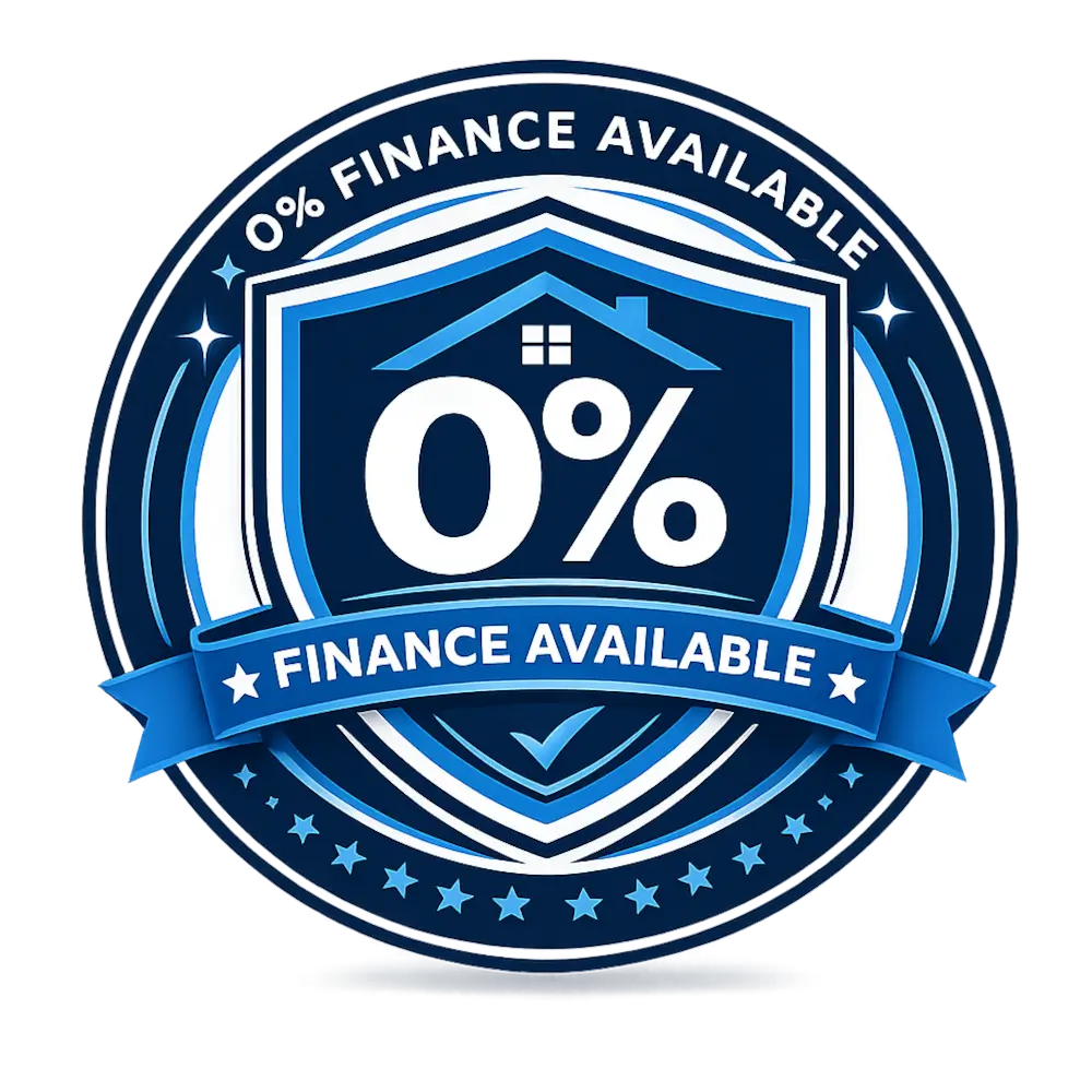 0% finance available badge for homeowners searching for affordable window, door, conservatory roof and home improvement payment options.