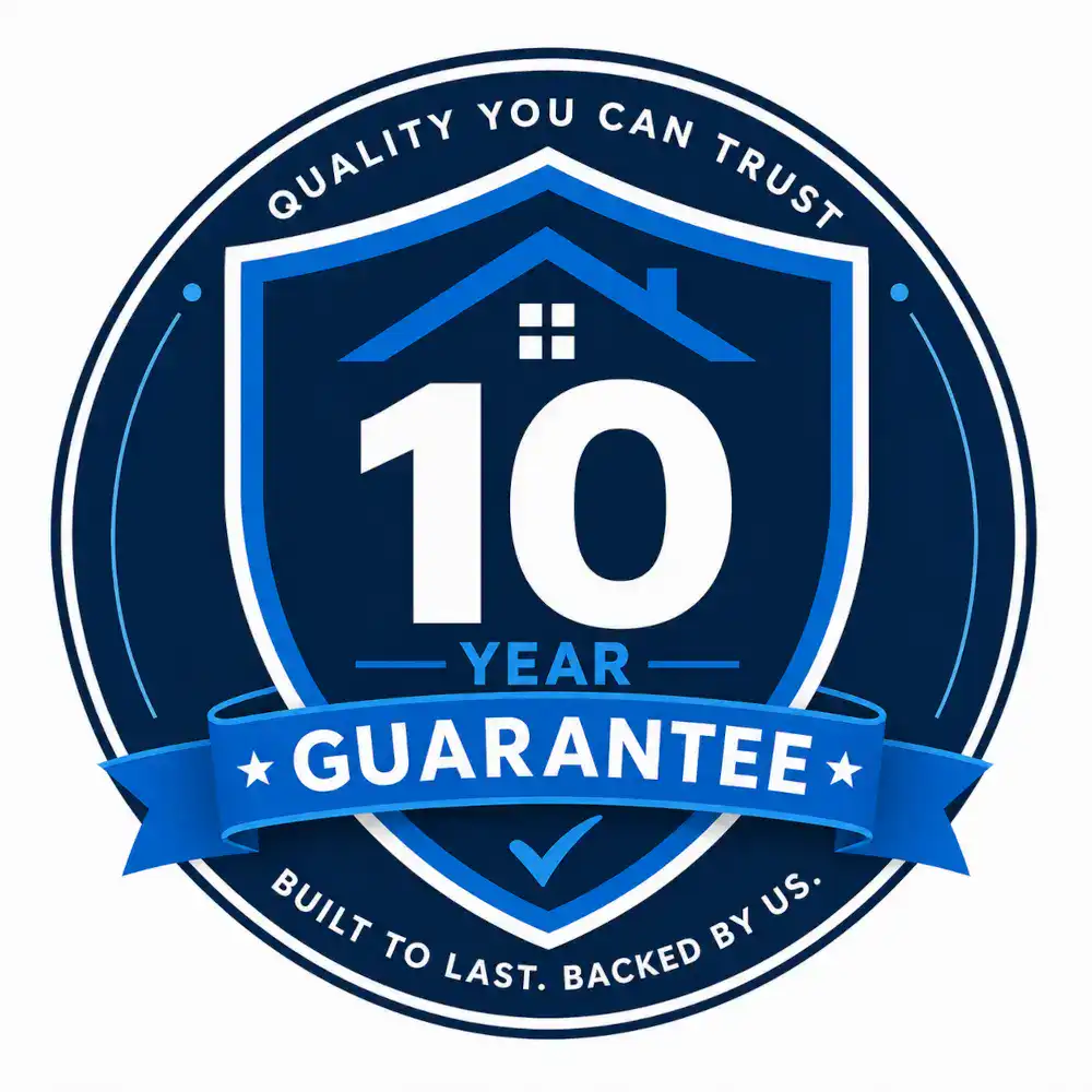 10-year guarantee badge for homeowners searching for protected window, door, conservatory roof and home improvement installations.
