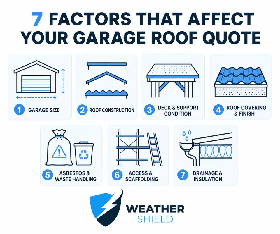 Garage roof replacement Bolton infographic showing seven factors that affect a quote, including garage size, roof condition, materials, access and asbestos handling.