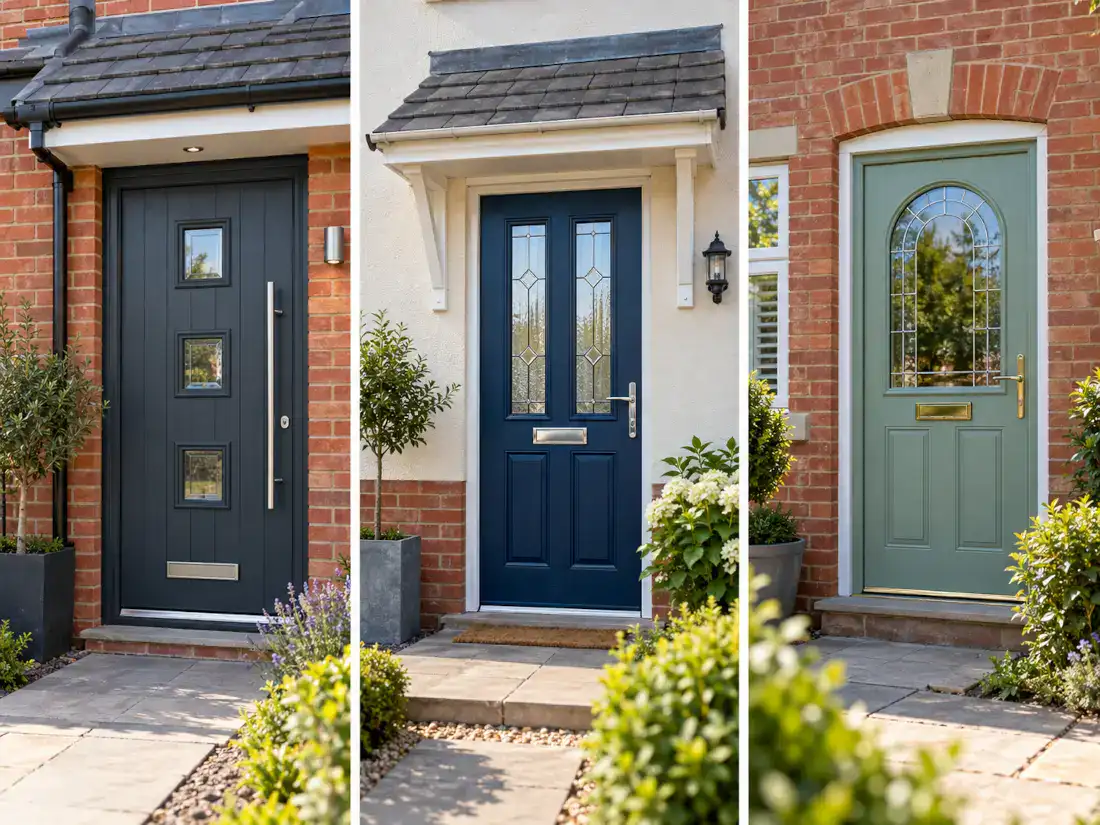 Anthracite grey, blue and Chartwell green composite door styles available in Bolton.
