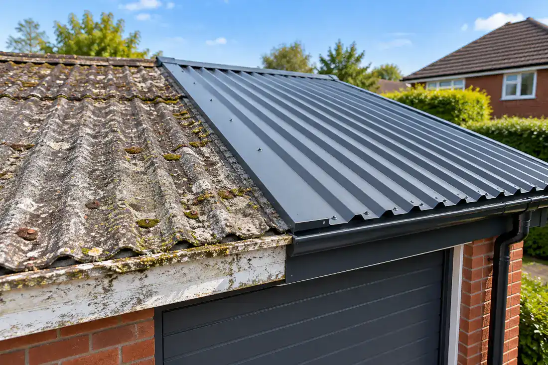 Garage roof replacement in Bolton showing an old weathered roof beside a new corrugated metal roof.