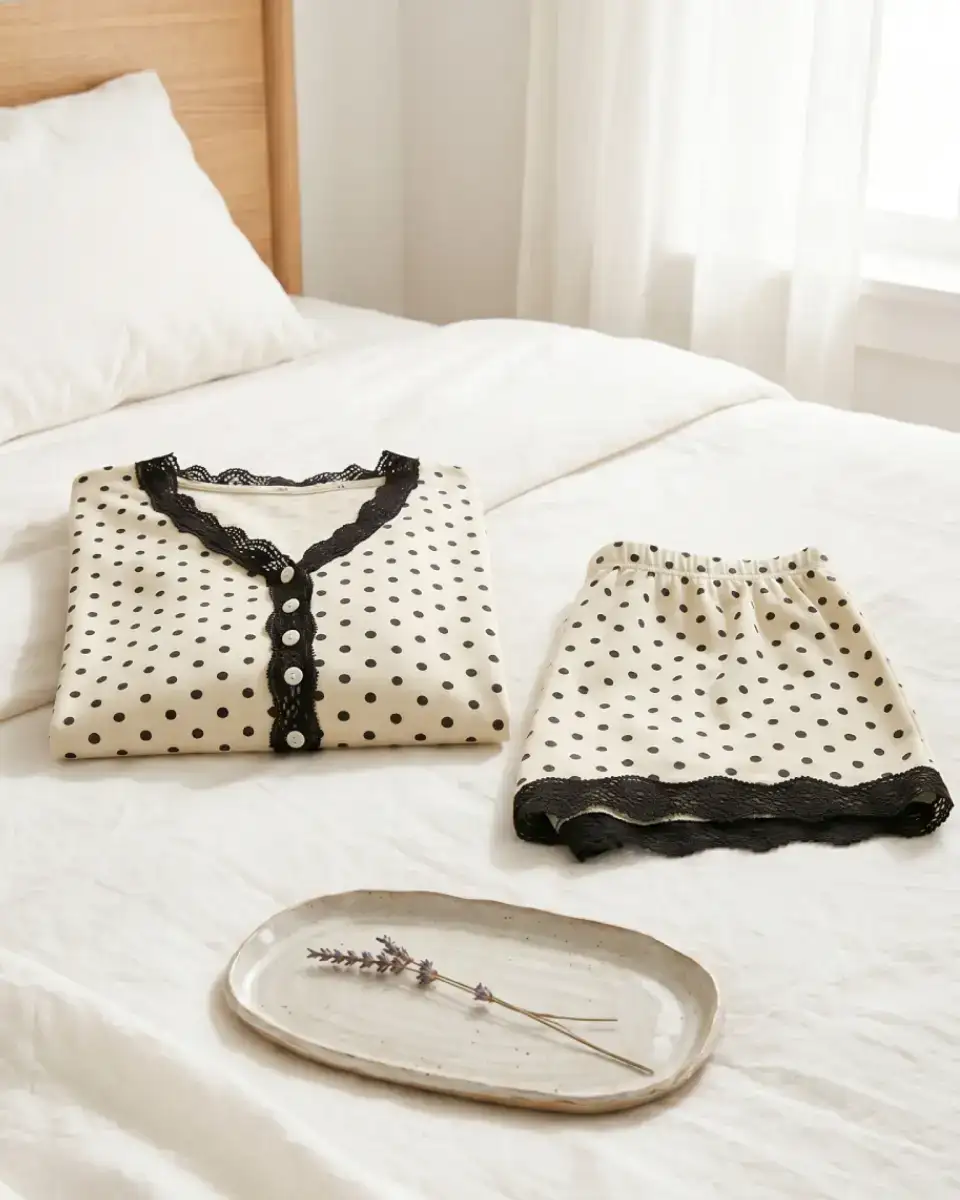 Cream polka dot pajama set with black lace trim, pearl buttons, and matching shorts, shown on model from front, side, and back angles.