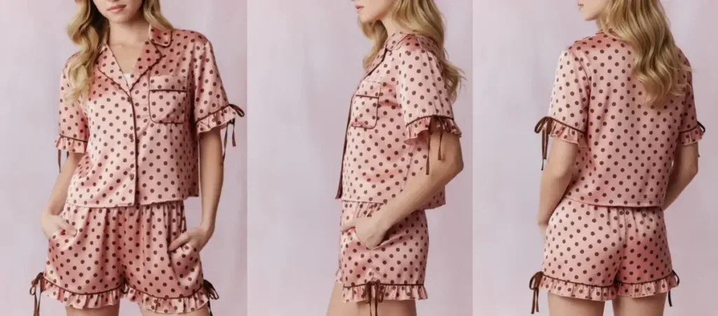 Pink silk pajamas with brown polka dots, short ruffled sleeves with side ties, and matching ruffled shorts