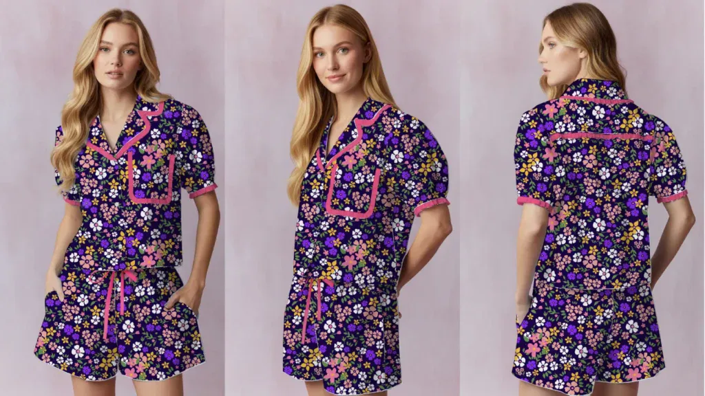 Purple background floral print pajamas with pink contrast piping, button-up shirt collar, and matching shorts