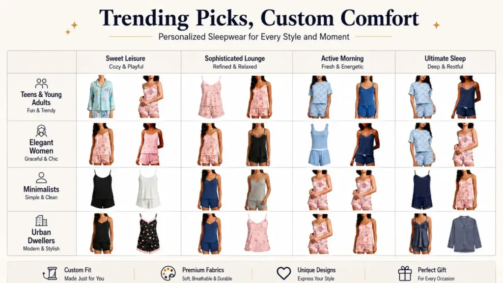 Explore our Sleepwear Diversity Matrix to find the perfect styles for any scenario. From sweet leisure to ultimate comfort, discover your ideal loungewear today!