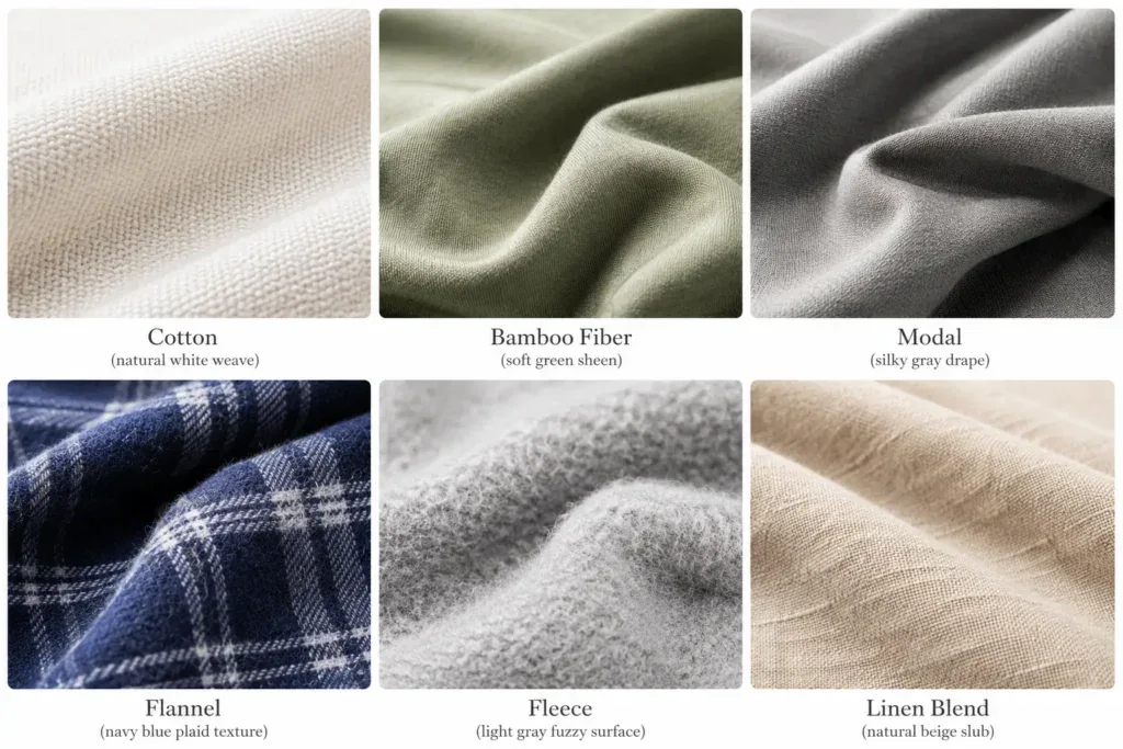 Close-up fabric swatch comparison of six men's loungewear materials: cotton, bamboo fiber, modal, flannel, fleece, and linen blend by Wingtu Lounge.