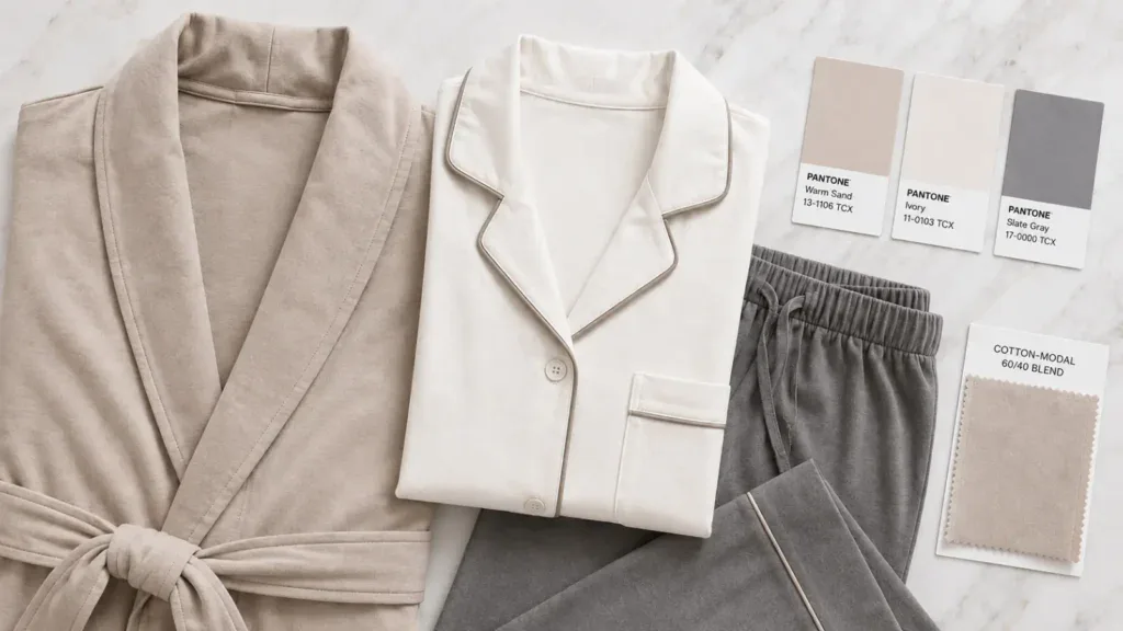 Custom cotton modal loungewear set in sand beige, ivory, and slate gray. High-density satin stitch embroidery logo on the robe. Three Pantone color swatch cards and a fabric swatch card beside the set.