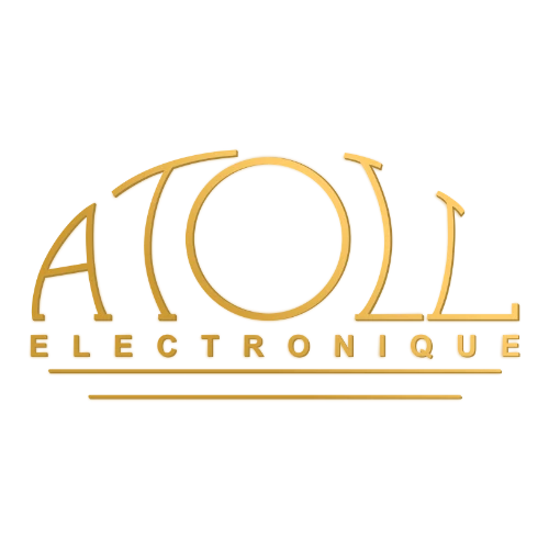 Logo Atoll Électronique doré sur fond transparent