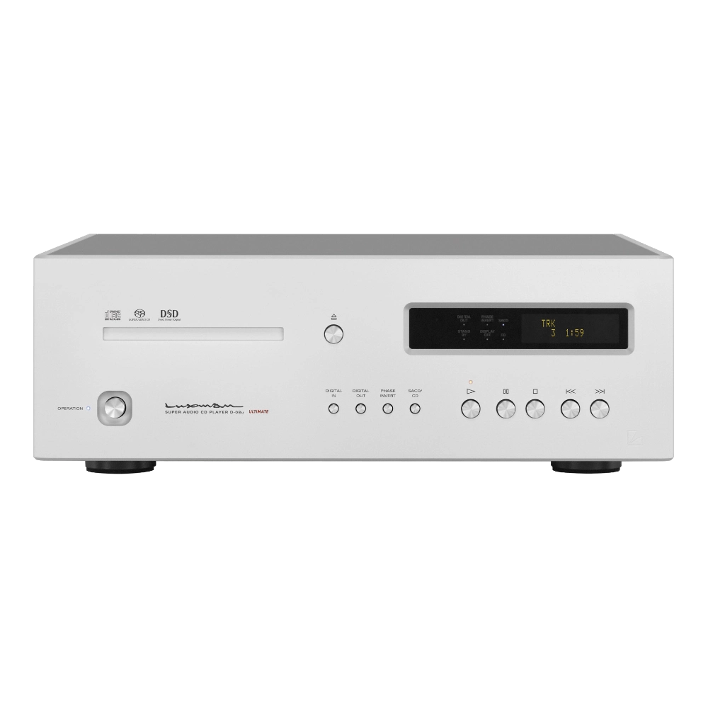 Lecteur de CD et SACD Luxman D-08u couleur argentée dans sa version Ultimate : bouton marche-arrêt, trappe pour les CD, bouton d'éjection ainsi que tous les autres boutons de commande et un écran monochrome