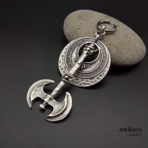 Minos, large earring with a round shield and double headed axe. small hoop