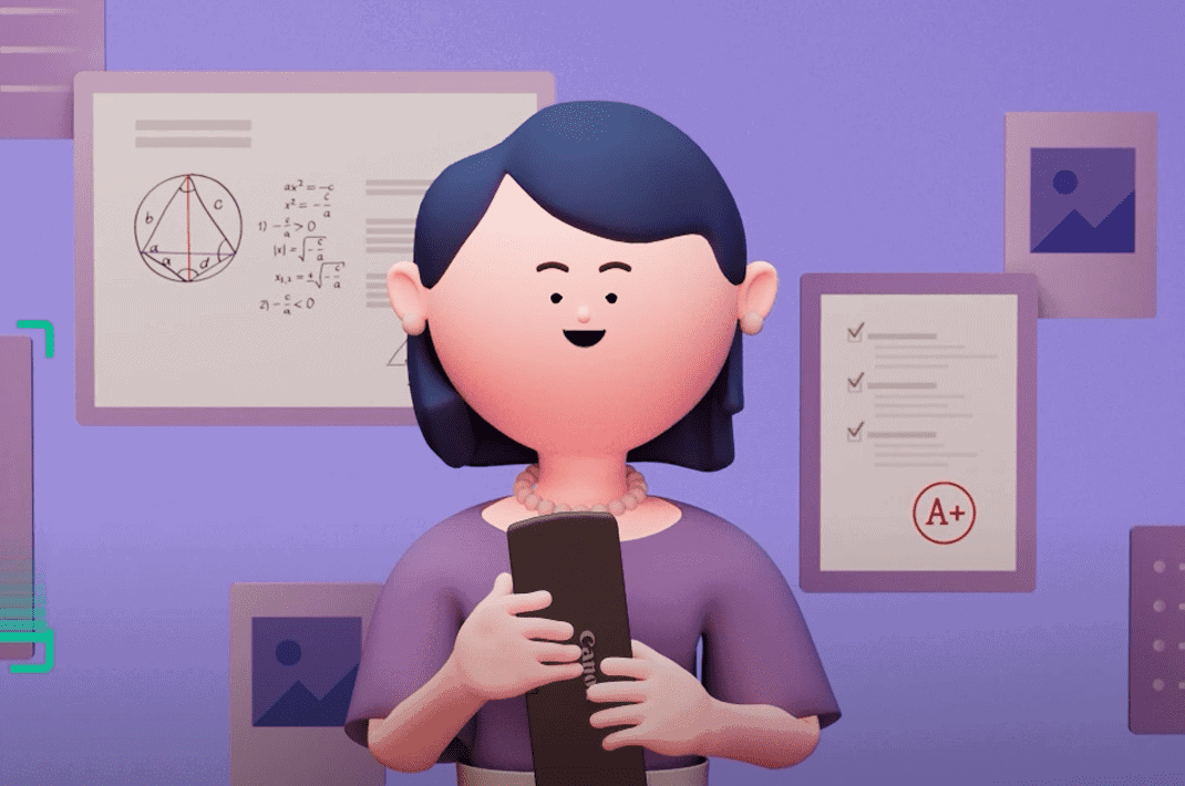A cartoon-style person with short dark hair holds a tablet, standing in front of charts, math formulas, and a paper with an A+ grade on a purple background.