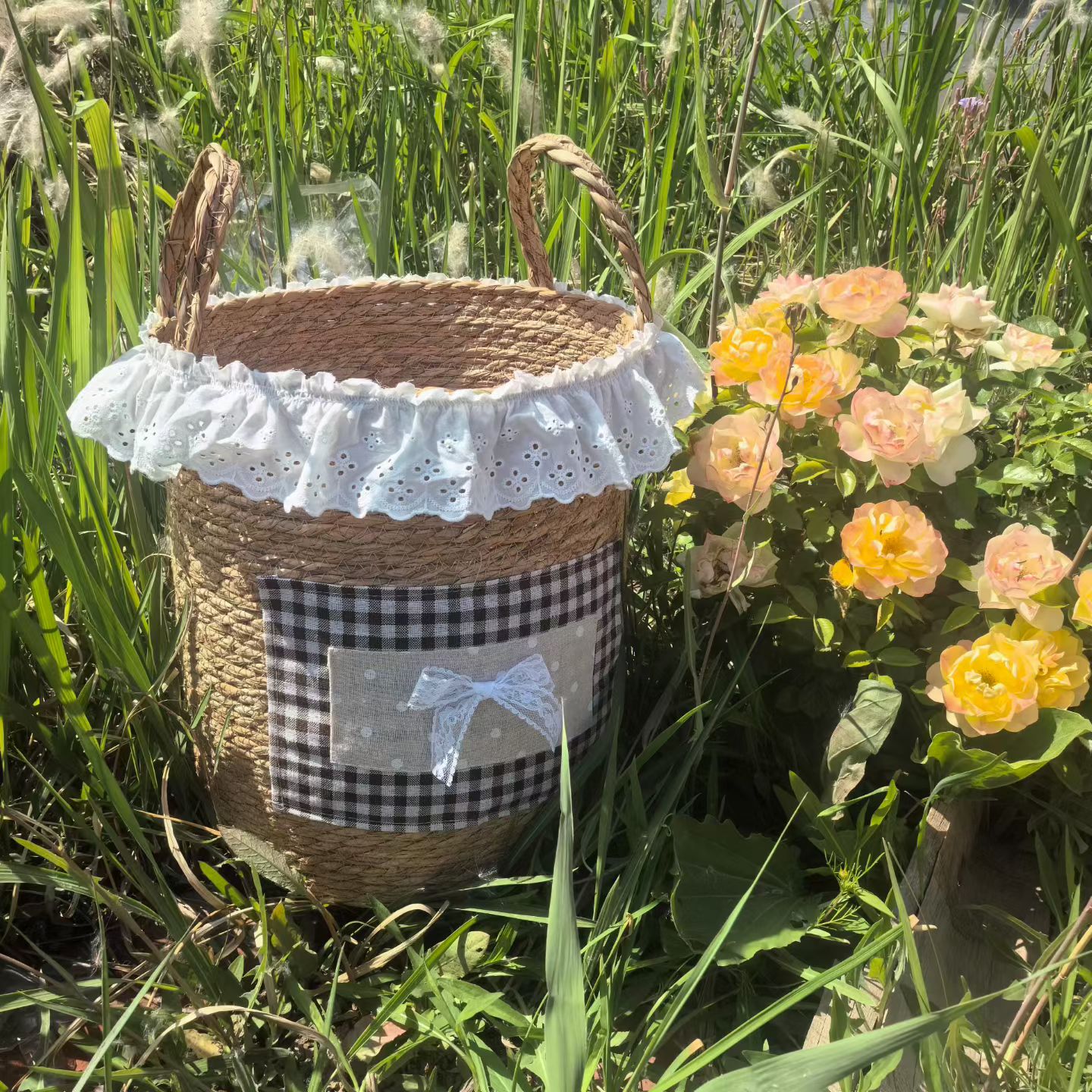 Handwoven rattan laundry basket with lid and linen cloth
