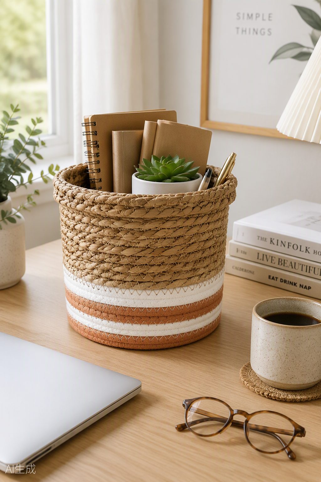 Handwoven seagrass storage basket beside a clay amphora
