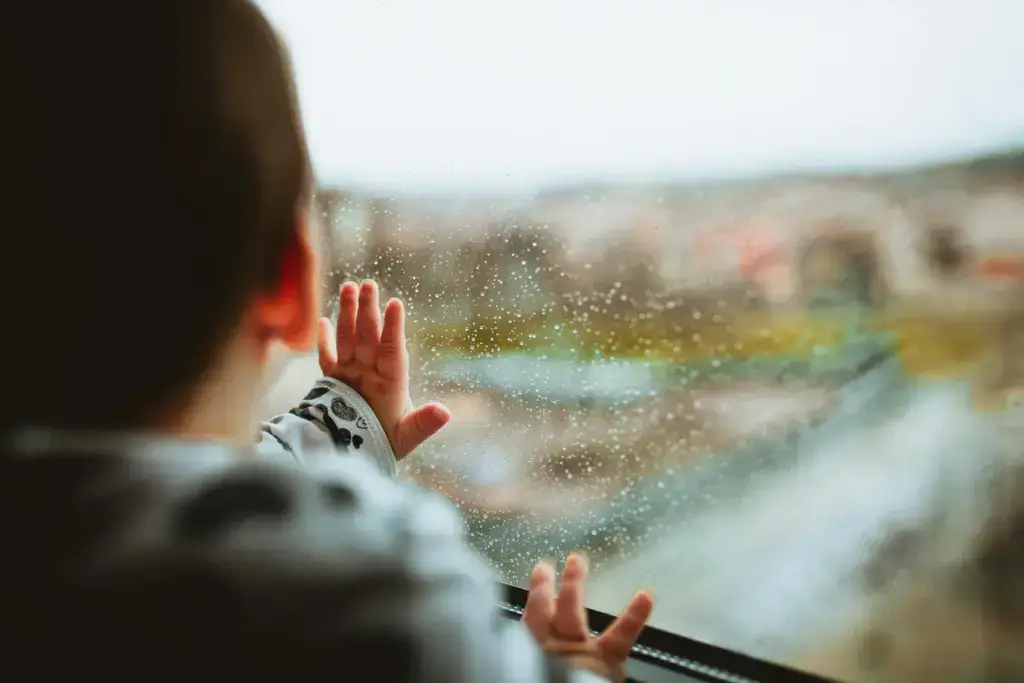 Geographic Restrictions - A toddler looking out a bus window.