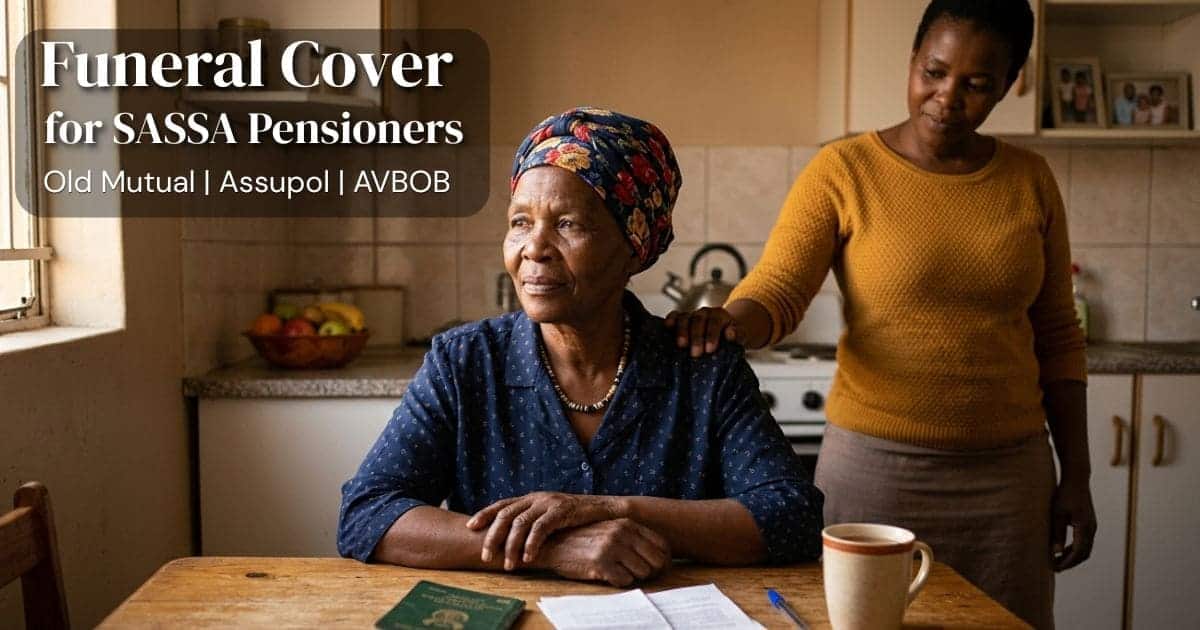 Elderly South African grandmother reviewing funeral cover policy documents at home with her daughter
