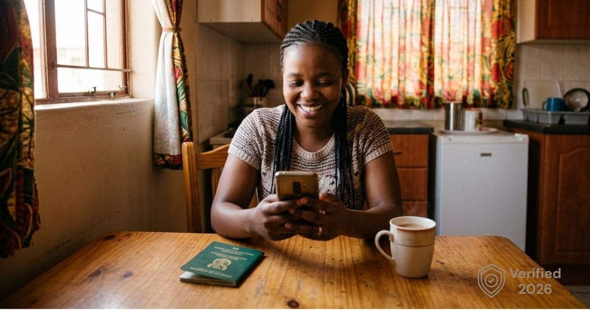 A young South African woman smiles with relief while completing her SASSA R370 grant application online on her smartphone at home