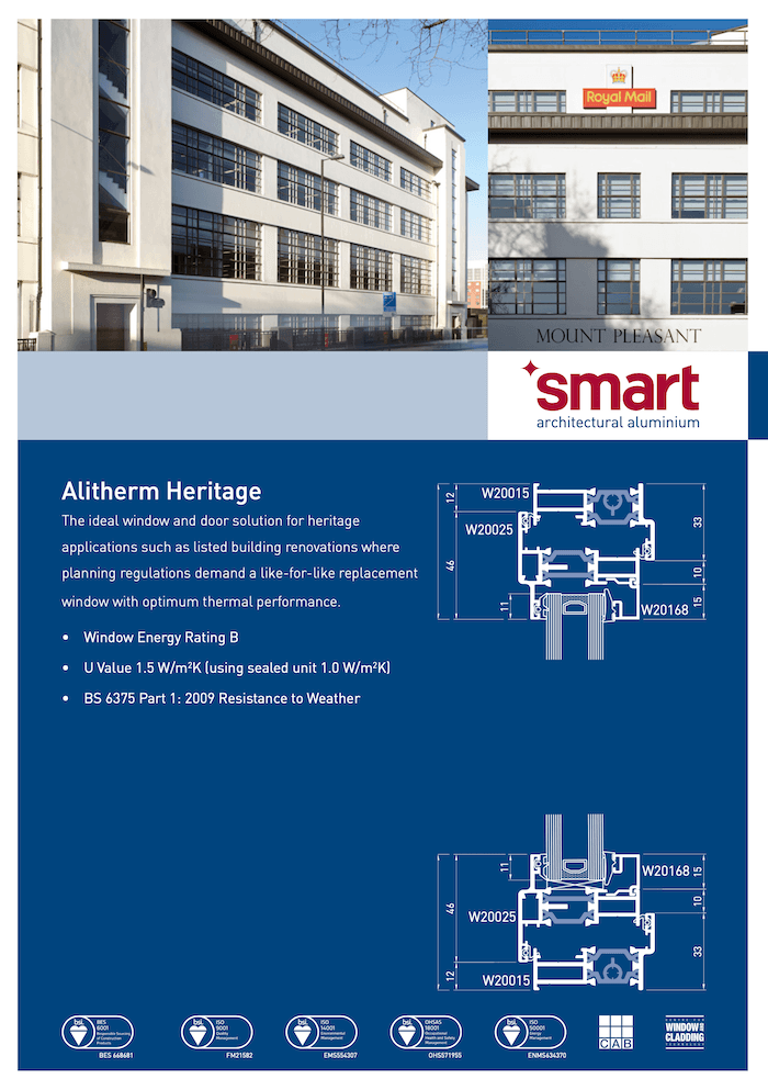 Alitherm Heritage aluminium window system data sheet showing heritage glazing specifications and profile drawings