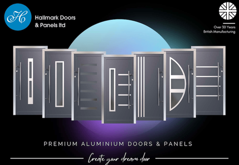 Hallmark brochure cover showing multiple aluminium front door designs in a modern display