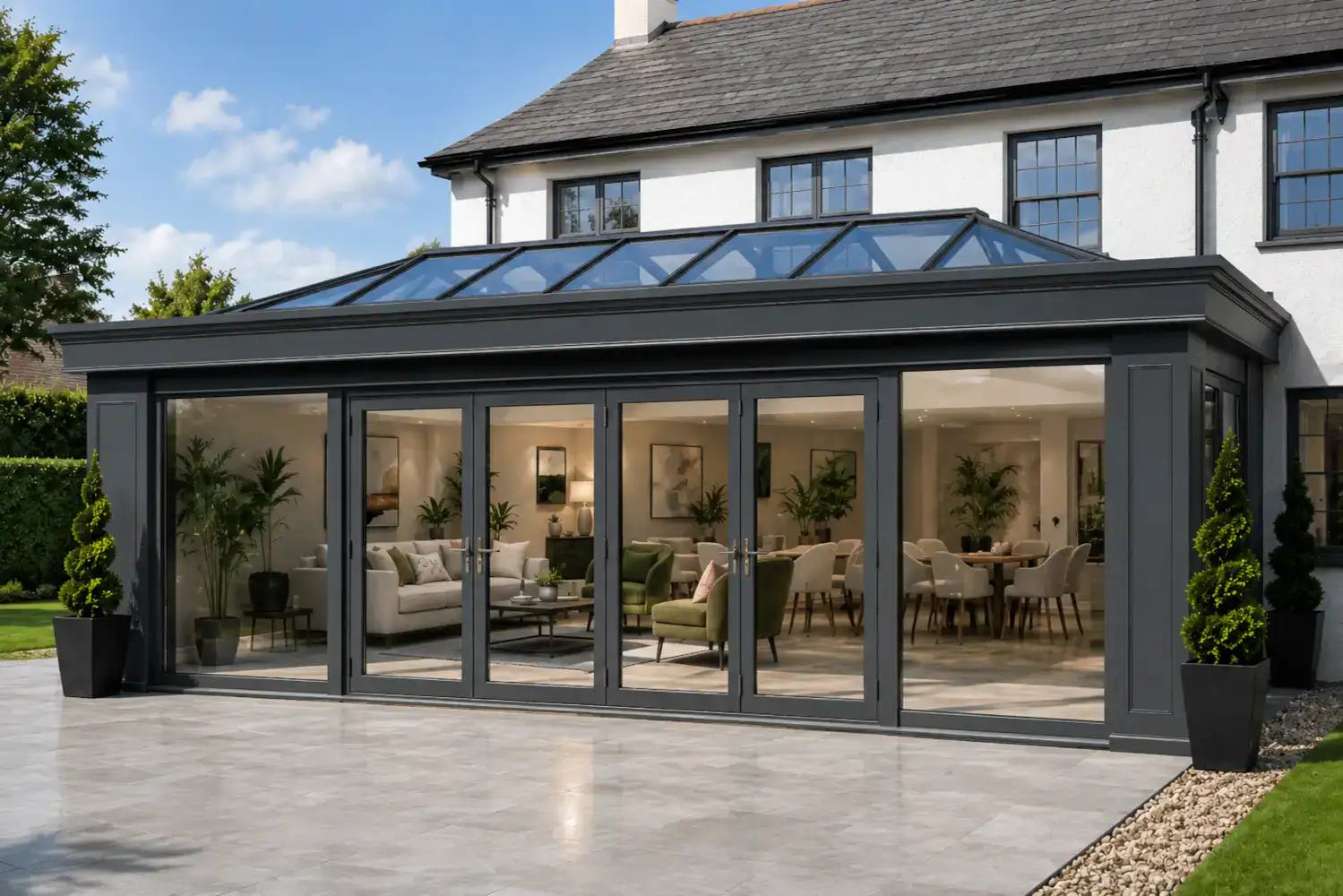 Conservatory {location} with dark glazing, roof lantern, wide glass doors and open-plan furnished living space.