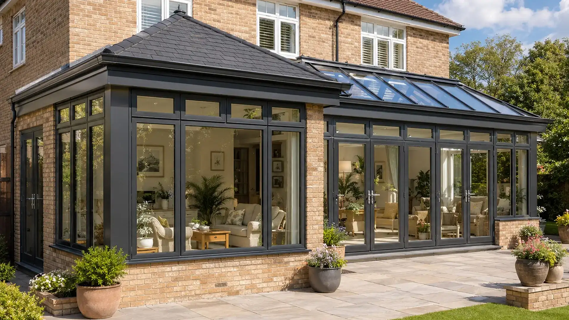 Conservatory Bracknell with dark glazing, brick base walls, French doors and a furnished garden-facing home extension.