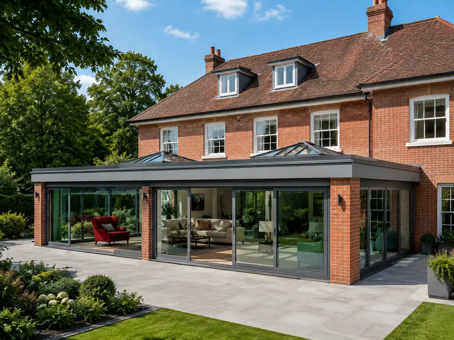 Bespoke flat-roof orangery with dual roof lanterns on a detached red-brick home in Thatcham, West Berkshire, installed by Oakley Green Conservatories