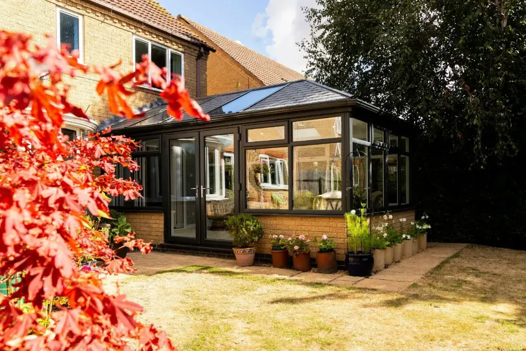 Dark framed tiled conservatory roof with large windows, garden pots and red foliage in the foreground.