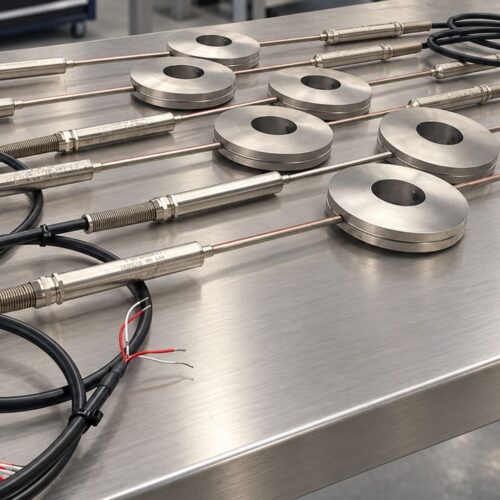 Temperature sensor assemblies with coiled black cables on a stainless steel workbench
