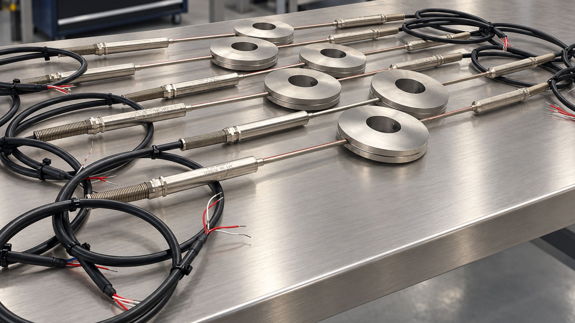 Temperature sensor assemblies with coiled black cables on a stainless steel workbench