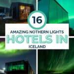 Northern Lights over modern Icelandic hotel buildings with glass facades and colourful skies.