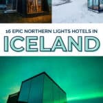Modern glass hotel with Northern Lights in the sky, set against a green aurora and snowy landscape.