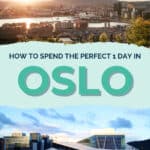 A panoramic view of Oslo at sunset with city buildings, water, and hills in the background.
