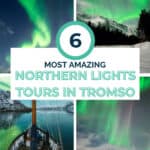 Spectacular northern lights dance over snowy landscapes and mountains in Tromso.