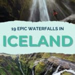 A person standing near a tall, cascading waterfall in a lush green landscape in Iceland.